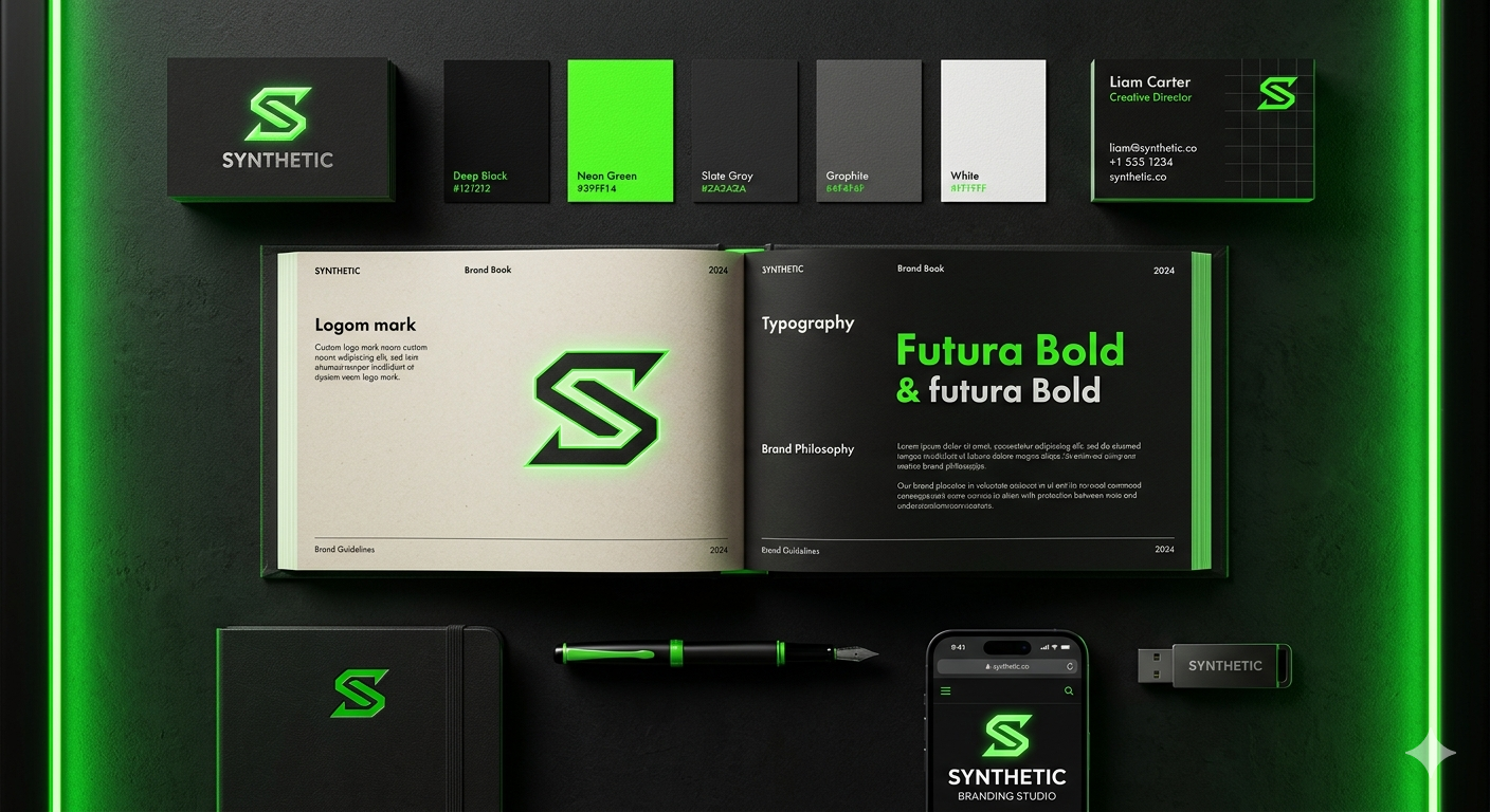 Brand identity kit including logo, business cards, and color system
